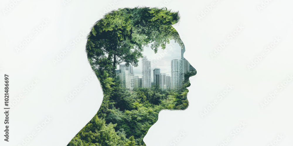 Urban nature integration in silhouette of a man Urban nature integration in silhouette of a man