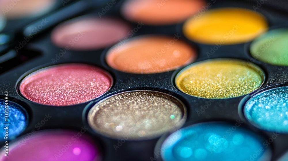 A close-up of a colorful eyeshadow palette. It features the trendy 2024 color. A close-up of a colorful eyeshadow palette. It features the trendy 2024 color.