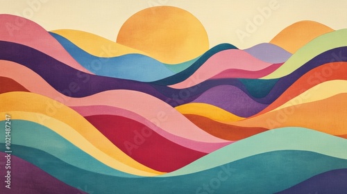 A colorful painting of a mountain range with a sun in the sky