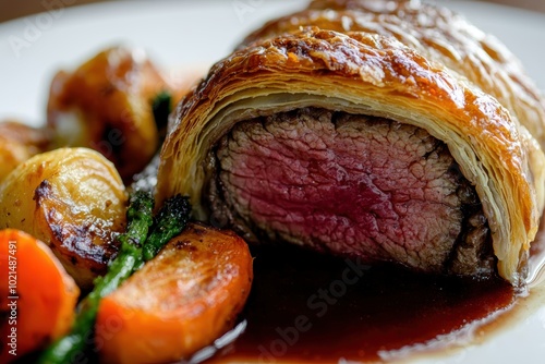 Gourmet Beef Wellington with Rich Red Wine Sauce and Roasted Vegetables photo