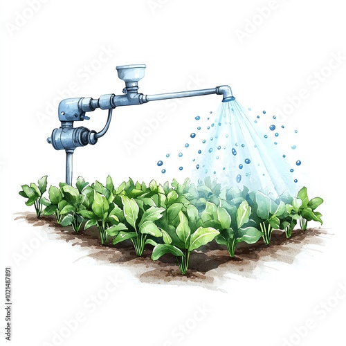 Irrigation system watering healthy green crops in a field, showcasing agriculture in action.