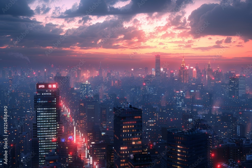 Fototapeta premium Cityscape at Dusk with Vivid Lights