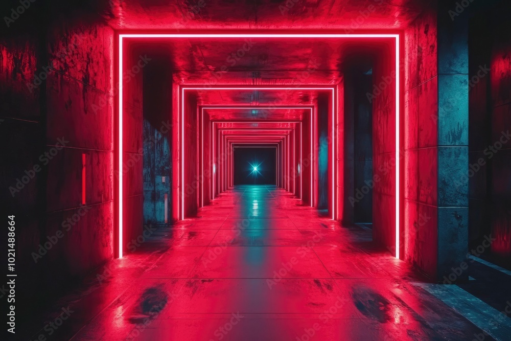 Red Neon Lights Illuminate a Dark and Empty Hallway Red Neon Lights Illuminate a Dark and Empty Hallway