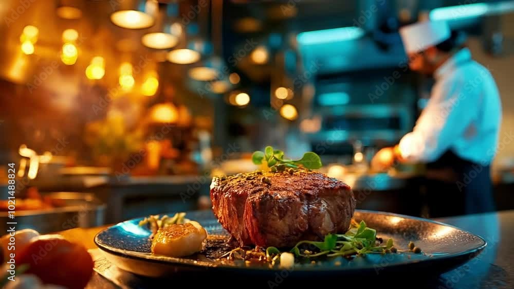 A gourmet steak served on plate in fine dining restaurant. Juicy grilled steak with garnish in professional kitchen. A gourmet steak served on plate in fine dining restaurant. Juicy grilled steak with garnish in professional kitchen.