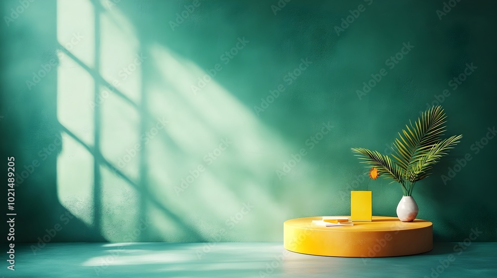 Dramatic 3D studio environment with deep forest green backdrop bare floor and wall product exhibition stand shadow overlay from window to countertop Dramatic 3D studio environment with deep forest green backdrop bare floor and wall product exhibition stand shadow overlay from window to countertop