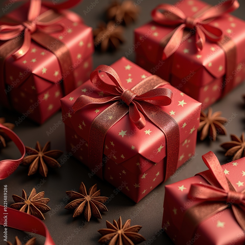 Festively wrapped red gift boxes with gold stars and ribbons, surrounded by star anise, perfect for Christmas marketing or holiday promotion. Festively wrapped red gift boxes with gold stars and ribbons, surrounded by star anise, perfect for Christmas marketing or holiday promotion.