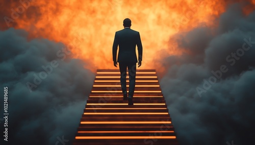 A figure walks up glowing stairs toward a fiery, clouded background, symbolizing ascension and transformation.