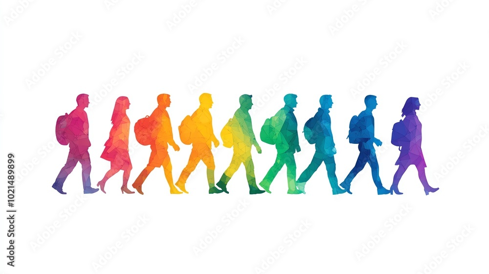 Silhouette of diverse individuals walking, blended in vibrant watercolor hues against a white background. Silhouette of diverse individuals walking, blended in vibrant watercolor hues against a white background.