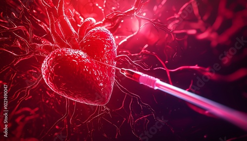 A digital illustration of a heart being injected with a syringe, symbolizing healthcare and emotions.