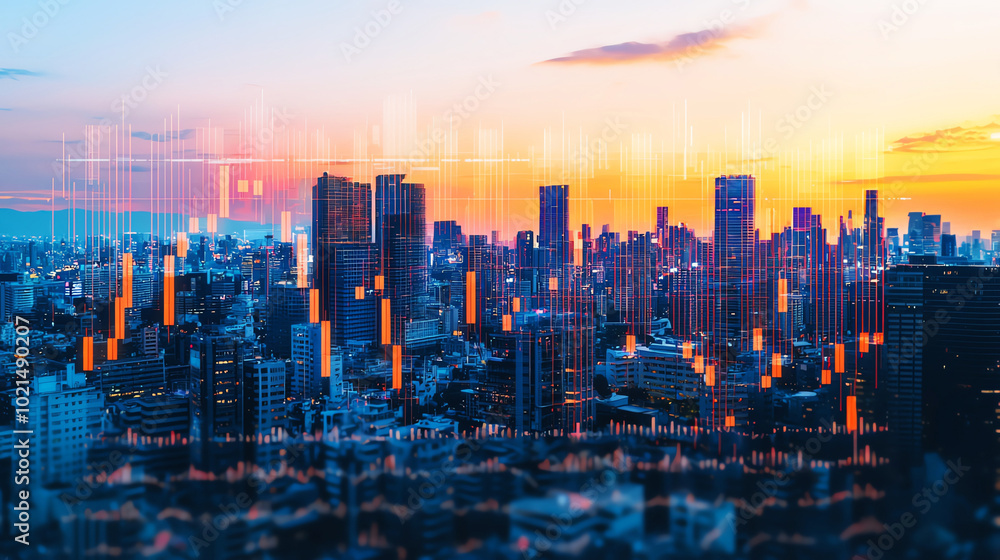 City skyline at sunset with data overlay City skyline at sunset with data overlay