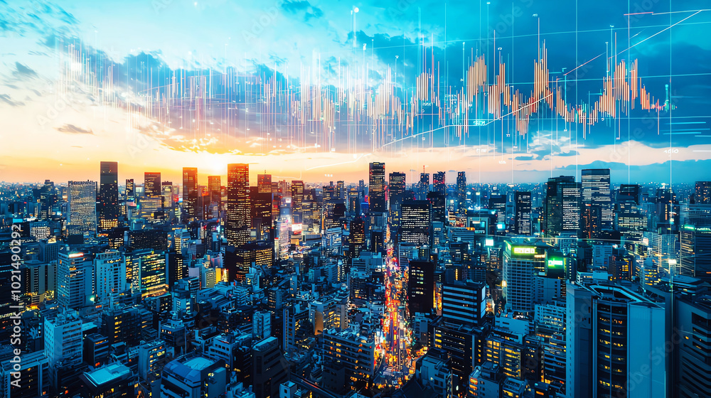 Fototapeta premium City skyline with digital data overlay