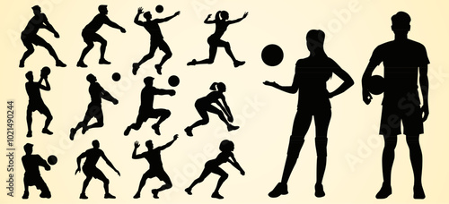 Silhouettes of athletes in different volleyball actions like serving, spiking, blocking, and passing. Two standing figures hold volleyballs.