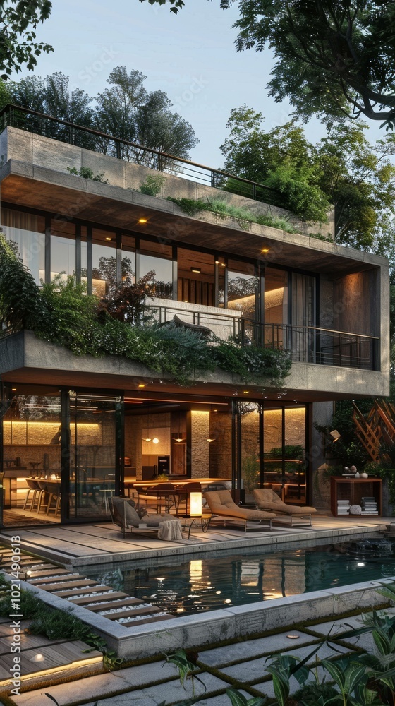 Fototapeta premium Modern House with Lush Garden and Pool