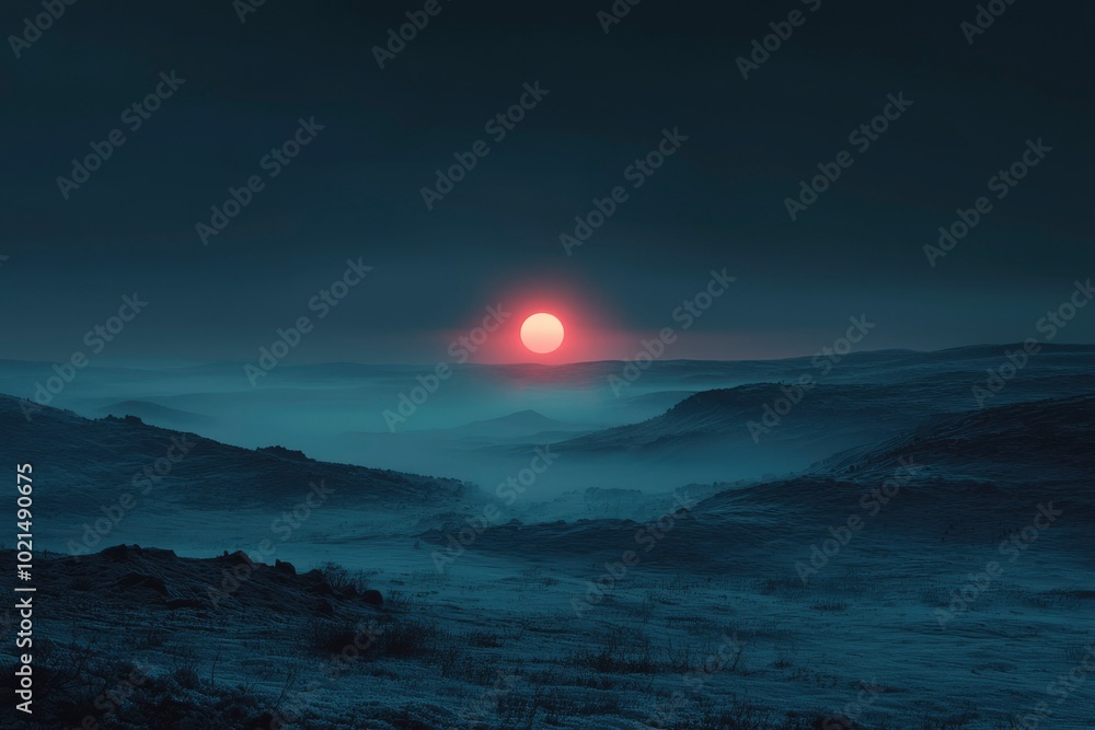 Fototapeta premium A Large Red Sun Setting Behind Foggy Hills