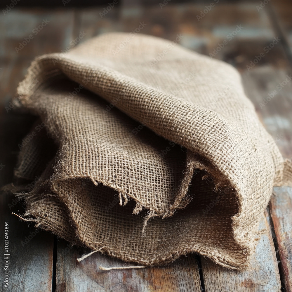 Natural burlap fabric draped on rustic wooden table, showcasing its texture and earthy tones. warm, organic feel adds cozy touch to any setting