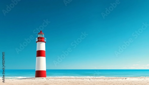 A vibrant lighthouse standing tall by a sandy beach under a clear blue sky, symbolizing coastal beauty and navigation.