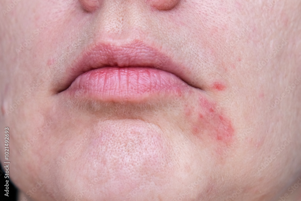 Fototapeta premium Eczema near the mouth on a woman's face close up, an adult with atopic dermatitis skin