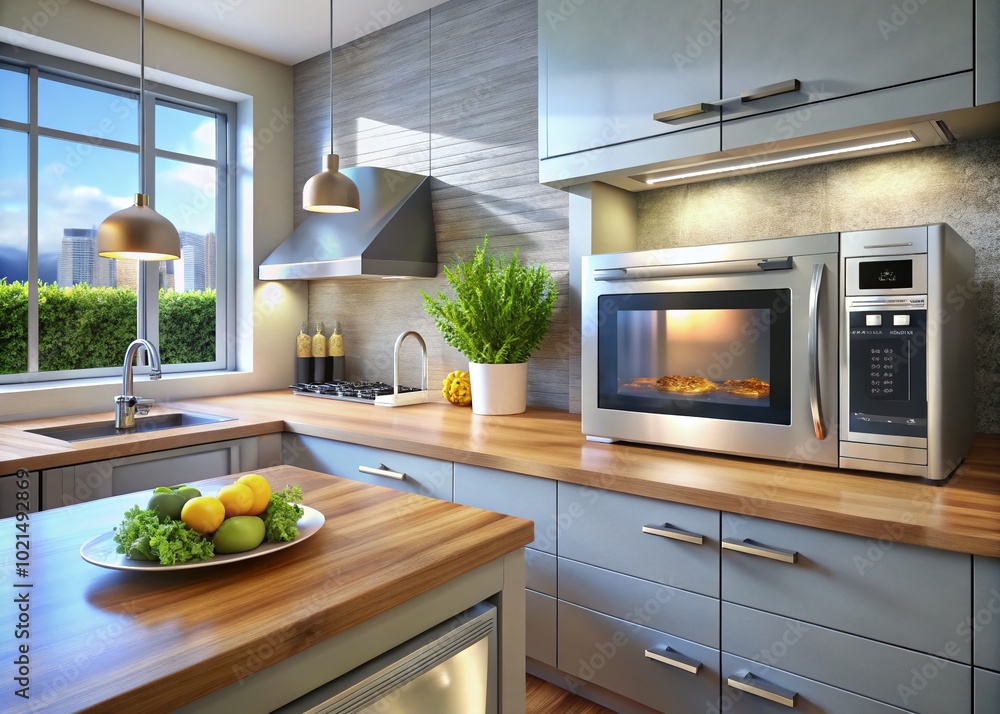 Modern Kitchen Microwave Oven with Digital Display and Control Panel on a Bright Countertop Surface Modern Kitchen Microwave Oven with Digital Display and Control Panel on a Bright Countertop Surface