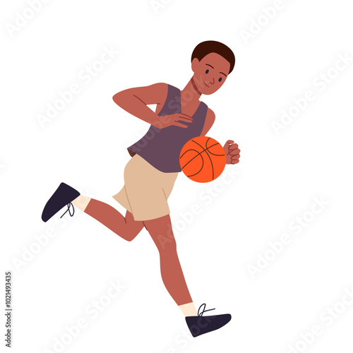 Basketball player running with ball to make shot into basket. Young male athlete character in sport uniform playing on field, man training defense and attack actions cartoon vector illustration