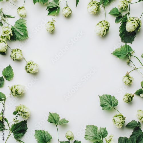 Fresh hop flowers and green leaves arranged in circular pattern on white background create vibrant and natural composition, perfect for showcasing botanical beauty