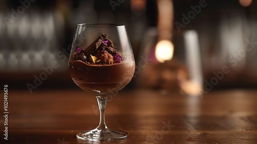 A beautifully crafted chocolate mousse in a glass.