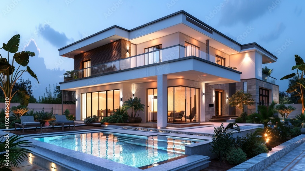 Fototapeta premium Modern Luxury Villa at Dusk with Pool and Gardens