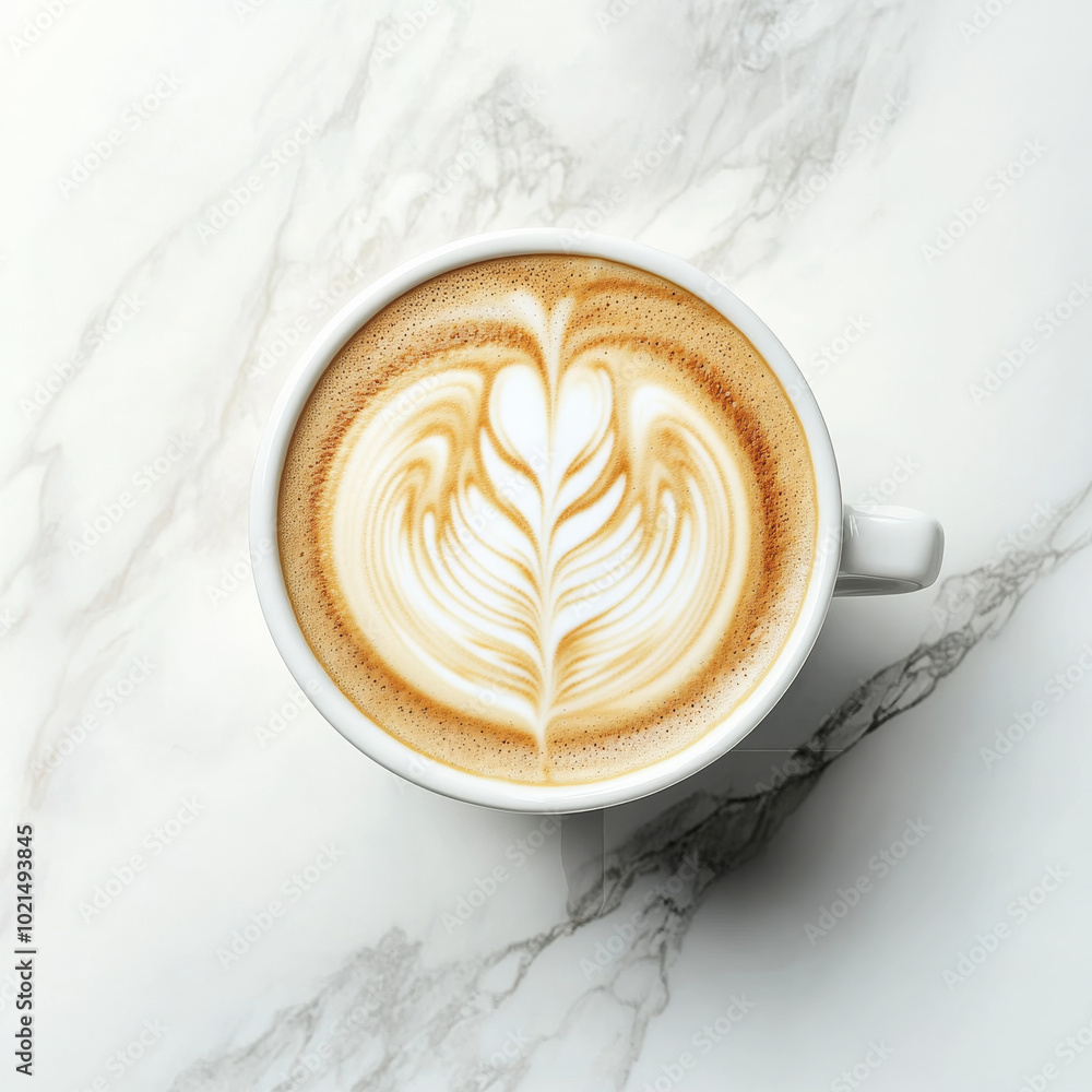 beautifully crafted cup of hot latte coffee featuring intricate milk foam art, set against marble background. design showcases delicate leaf pattern, inviting warmth and comfort beautifully crafted cup of hot latte coffee featuring intricate milk foam art, set against marble background. design showcases delicate leaf pattern, inviting warmth and comfort
