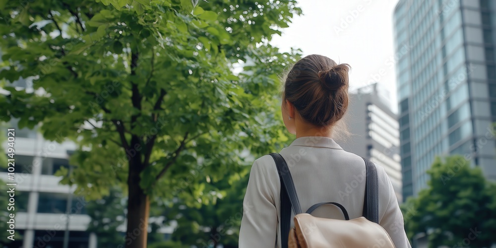 A businesswoman commuting to an office building through a plaza of green trees A businesswoman commuting to an office building through a plaza of green trees
