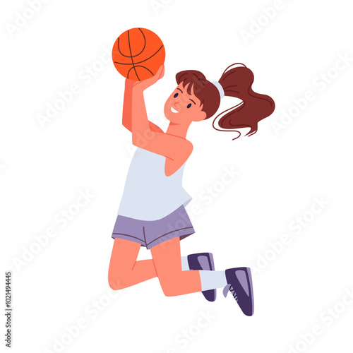 Female young athlete holding ball in hand to jump, run to basket, child playing in school team cartoon vector illustration. Basketball player girl running and jumping, dribble ball down court