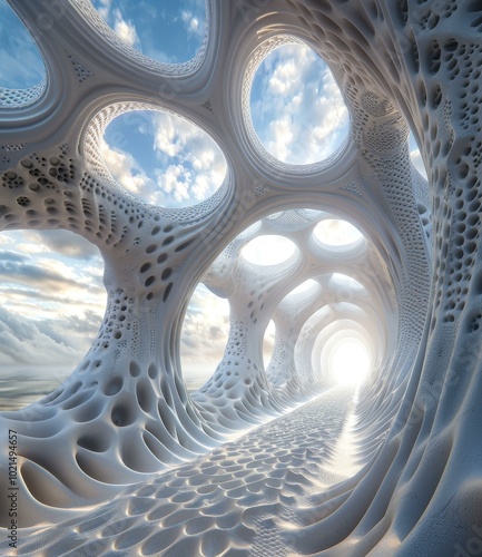 Surreal organic architecture with a bright light at the end of the tunnel photo