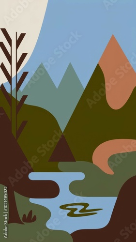 Mountain lake landscape. Abstract geometric art of a peaceful lake surrounded by mountains and greenery. Symbolic of nature's tranquility and beauty.