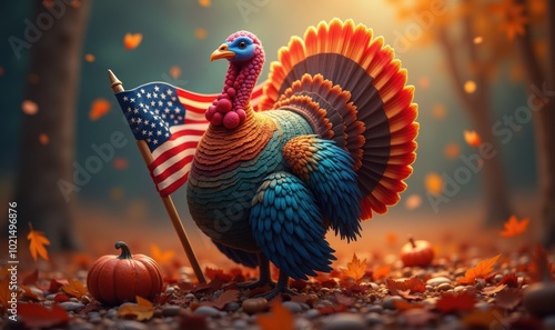 A vibrant, stylized turkey with an American flag, set against a colorful autumn background. Perfect for Thanksgiving themed projects and seasonal promotions. photo