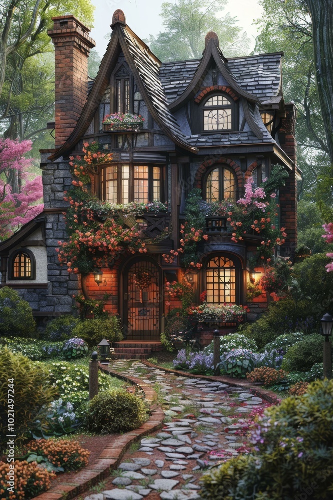Fototapeta premium Enchanted Cottage with Lush Garden