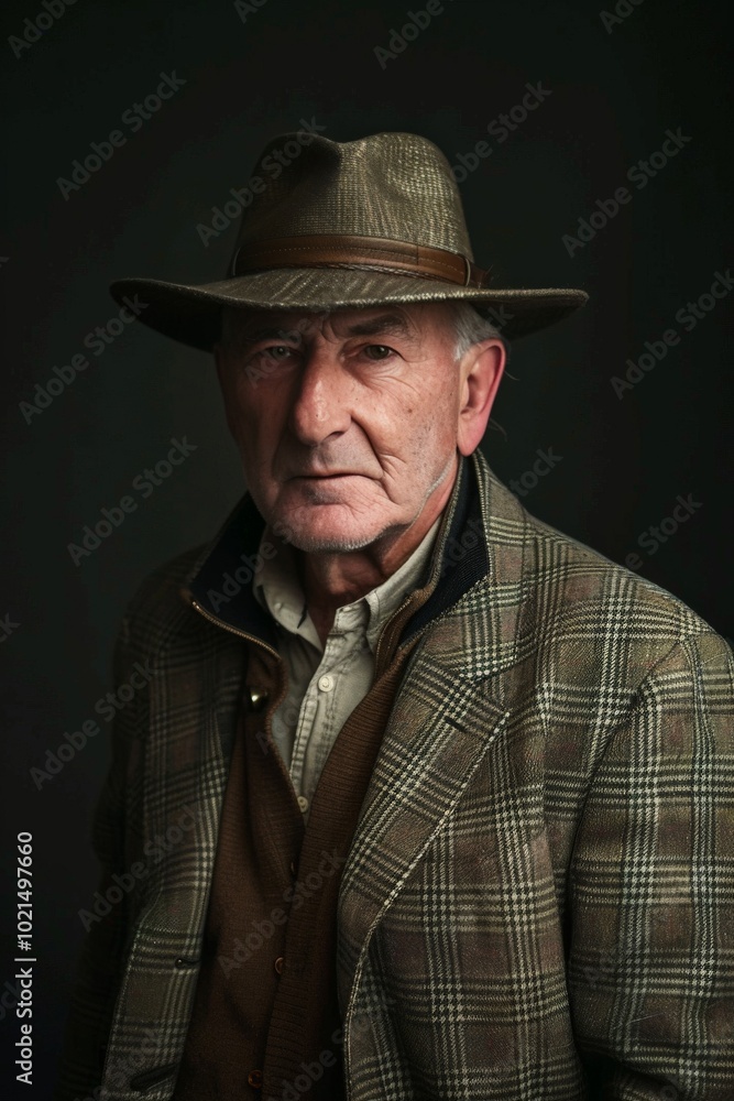 Senior man's portrait in a classic fedora and tweed blazer, exuding sophistication in a studio setting Senior man's portrait in a classic fedora and tweed blazer, exuding sophistication in a studio setting