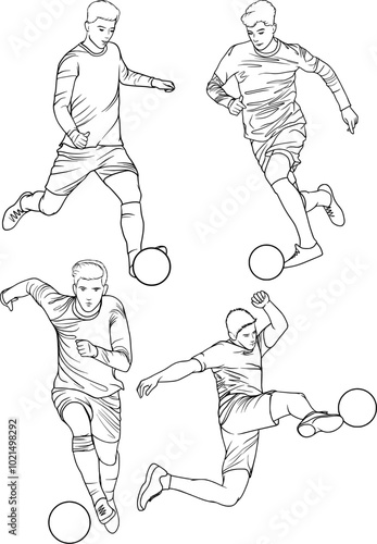 football player, set of footballers vector outline illustration 