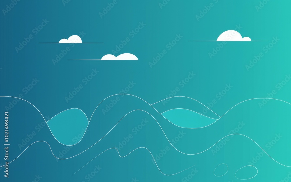 Obraz premium Sea and sky abstract. Simple, abstract design of a blue ocean with white clouds. Minimalist illustration of nature and the sky.