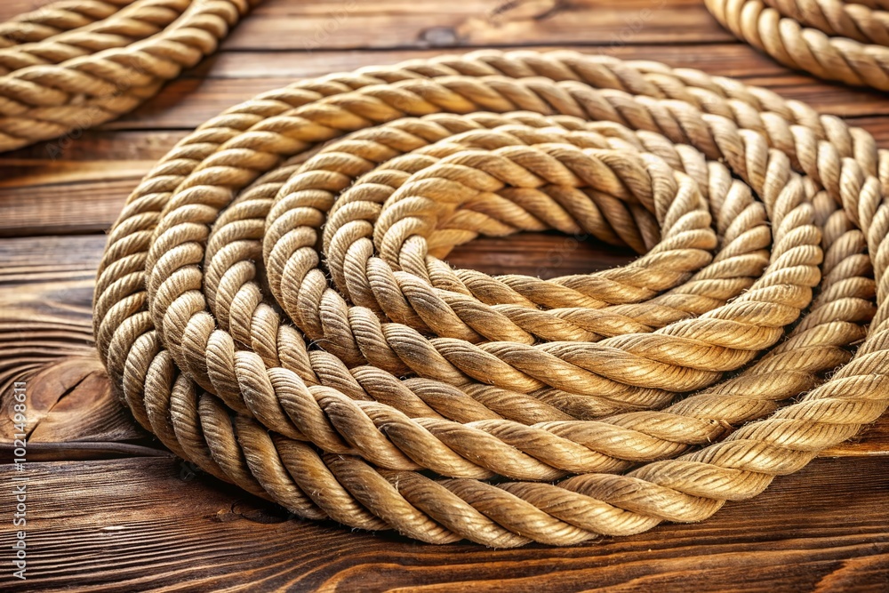 Natural fiber ropes coiled on wooden background, perfect for nautical, construction, and crafting themes Natural fiber ropes coiled on wooden background, perfect for nautical, construction, and crafting themes