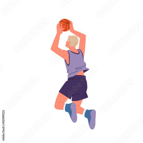 Basketball player hitting ball standing in front position. Professional male athlete in sports uniform and sneakers playing team game, training to dribble at match cartoon