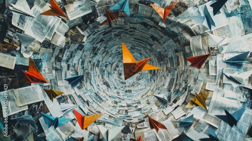 a newspaper collage of big paperplanes dispose in circle seen from above photo