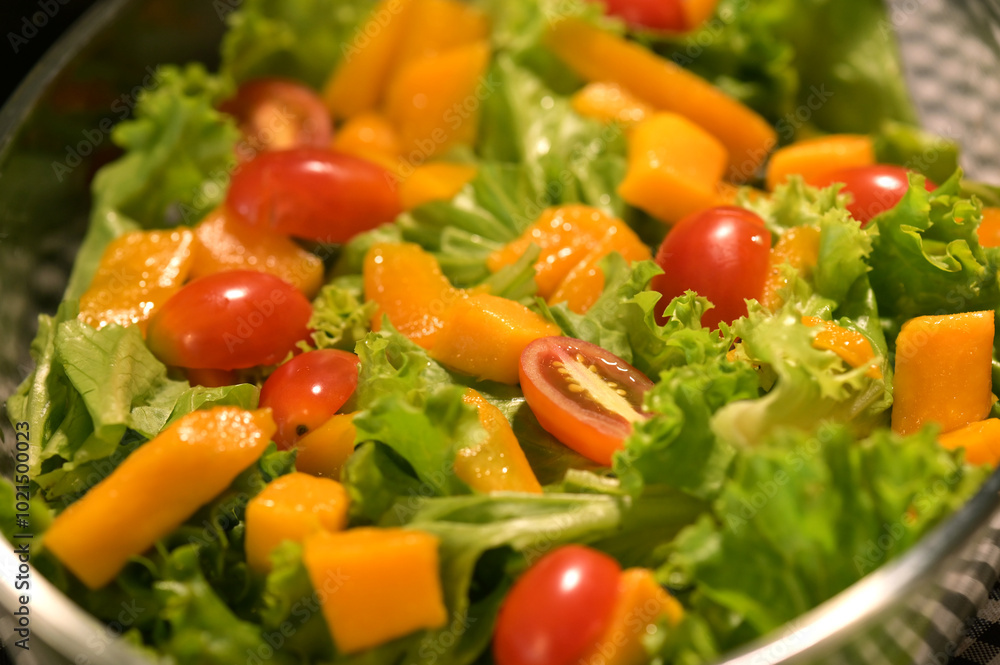 healthy food plate with tropical salad greens vegetables seasoned salad vegan lunch tomato and onion healthy food plate with tropical salad greens vegetables seasoned salad vegan lunch tomato and onion