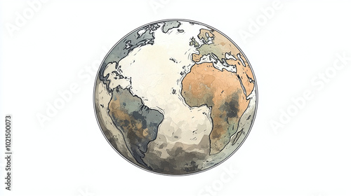Fototapeta Naklejka Na Ścianę i Meble -  planet earth global glowing 2d illustration black and white glowing low contrast pencil drawing sepia white background, globe appealing artistic digital painting artwork sphere globe watercolor effect