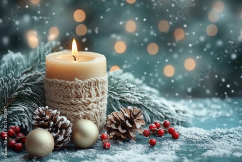 Cozy winter scene with a lit candle, pine branches, and festive ornaments on a snowy background with soft bokeh lights