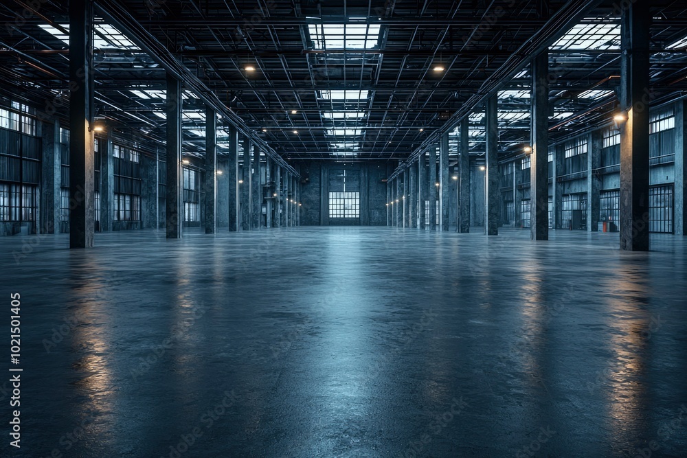 Empty Industrial Warehouse with Concrete Floor and Steel Beams Empty Industrial Warehouse with Concrete Floor and Steel Beams