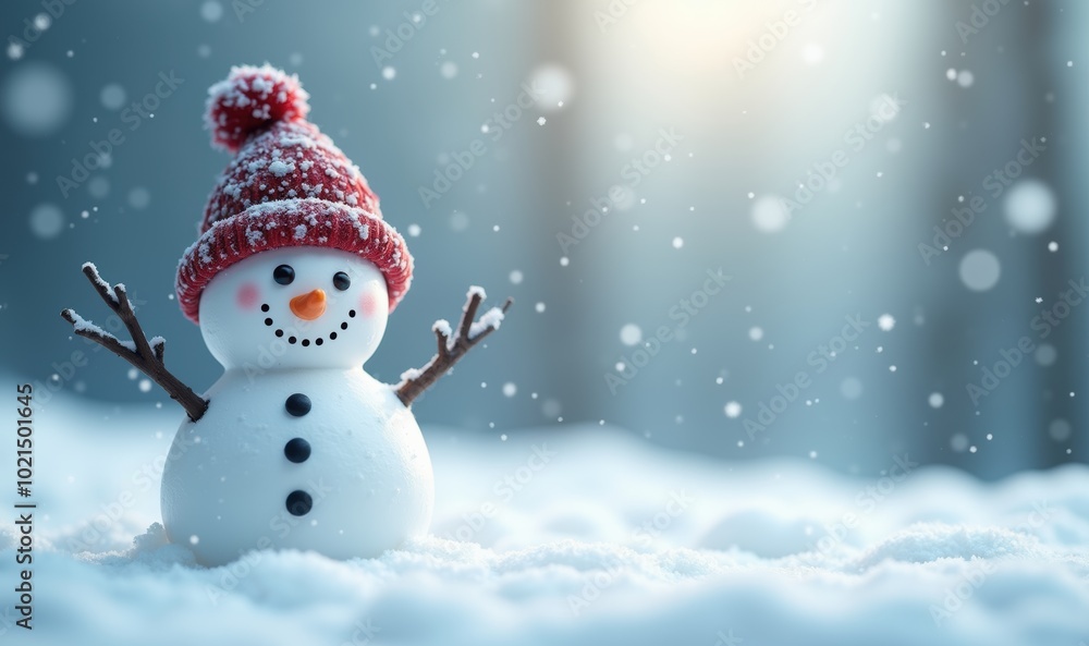 A cheerful snowman wearing a red knitted hat and scarf stands in a snowy landscape, capturing the essence of winter joy and holiday spirit. A cheerful snowman wearing a red knitted hat and scarf stands in a snowy landscape, capturing the essence of winter joy and holiday spirit.