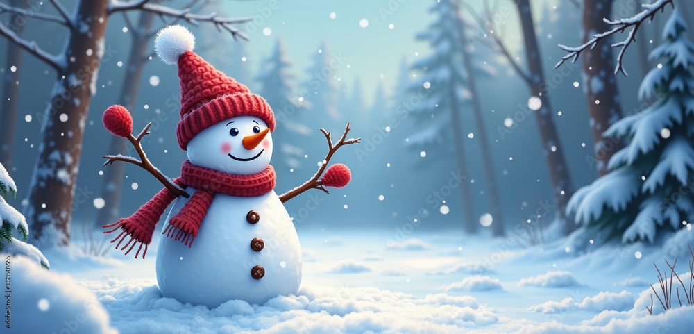 Fototapeta premium A cheerful snowman stands in a serene winter forest, surrounded by falling snowflakes, evoking a festive and joyful holiday atmosphere.