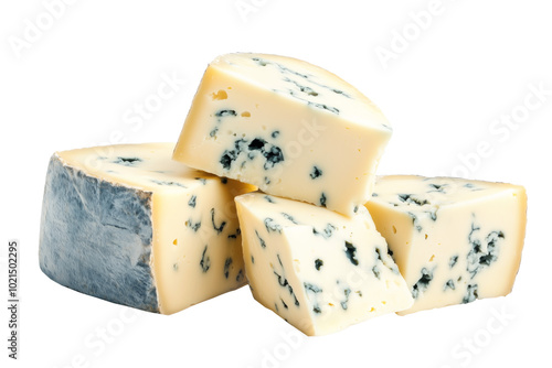 Blue cheese Roquefort wedges stacked isolated on a white transparent background. The cheese has blue mold veins. Concept of gourmet dairy product photo