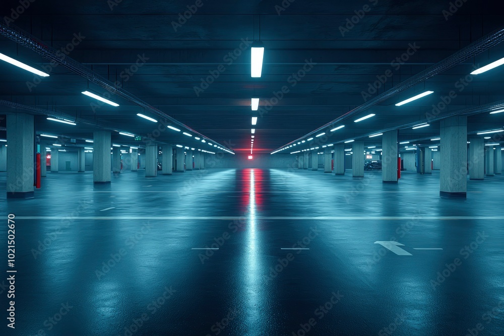 Fototapeta premium Empty Underground Parking Garage with Fluorescent Lighting