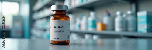 A focused image of a GLP 1 medication vial, set against a blurred background of pharmacy shelves, ideal for healthcare and pharmaceutical marketing.