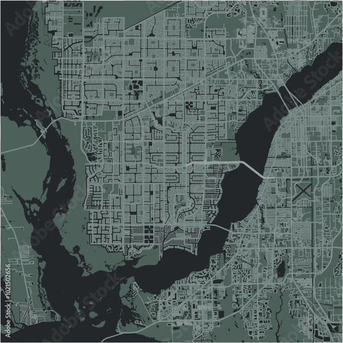 Map of Cape Coral in Florida in a smooth dark style. Contains layered vector with roads water, parks, etc.