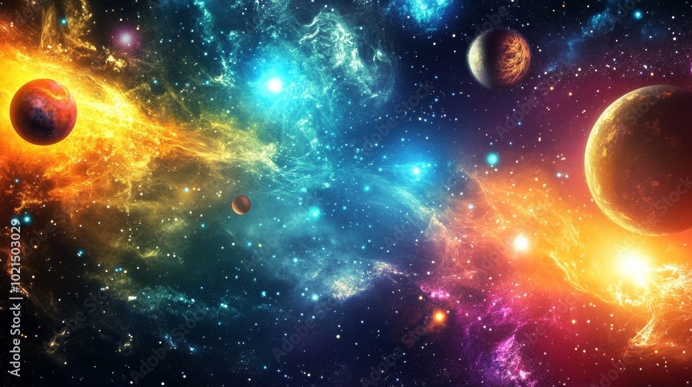 A colorful space scene with a yellow and blue swirl in the middle A colorful space scene with a yellow and blue swirl in the middle
